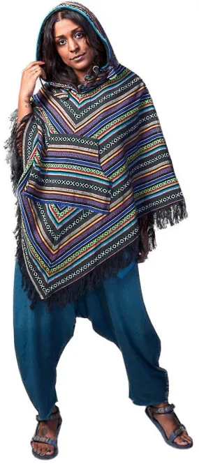 Black Poncho, Colorful line designs, 100% Cotton, Unisex Poncho