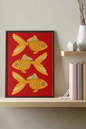 Bold Graphic Three Goldfish Giclée Art Print Poster (Red)