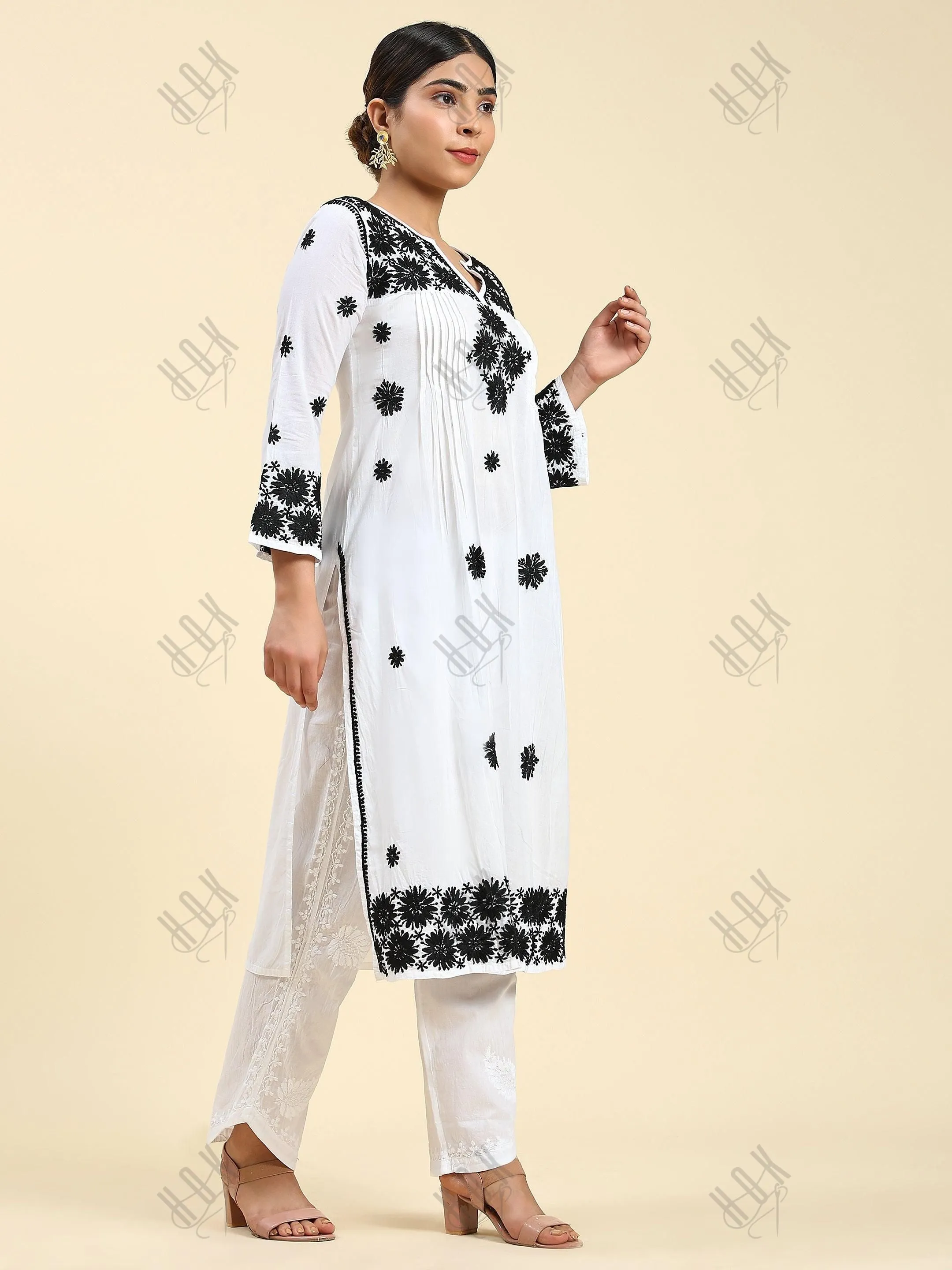 Fizaa Chikankari Long Kurta in Rayon Cotton for Women- White With Black