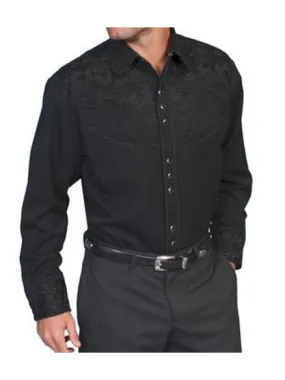 Floral Embroidered Rockabilly Shirt - Jet Black