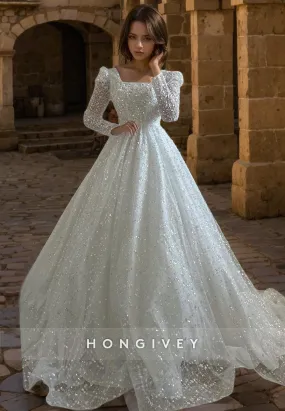 Glitter Tulle A-Line Square Long Sleeve With Train Wedding Dress