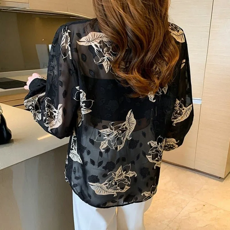 Lantern Sleeves Chiffon Floral Print Blouse