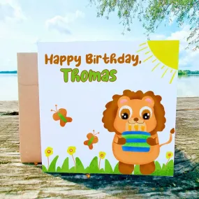 Lion Kids Birthday Card, Personalized Name, Safari Animal Greeting for Children, Cute Toddler Boys Gift