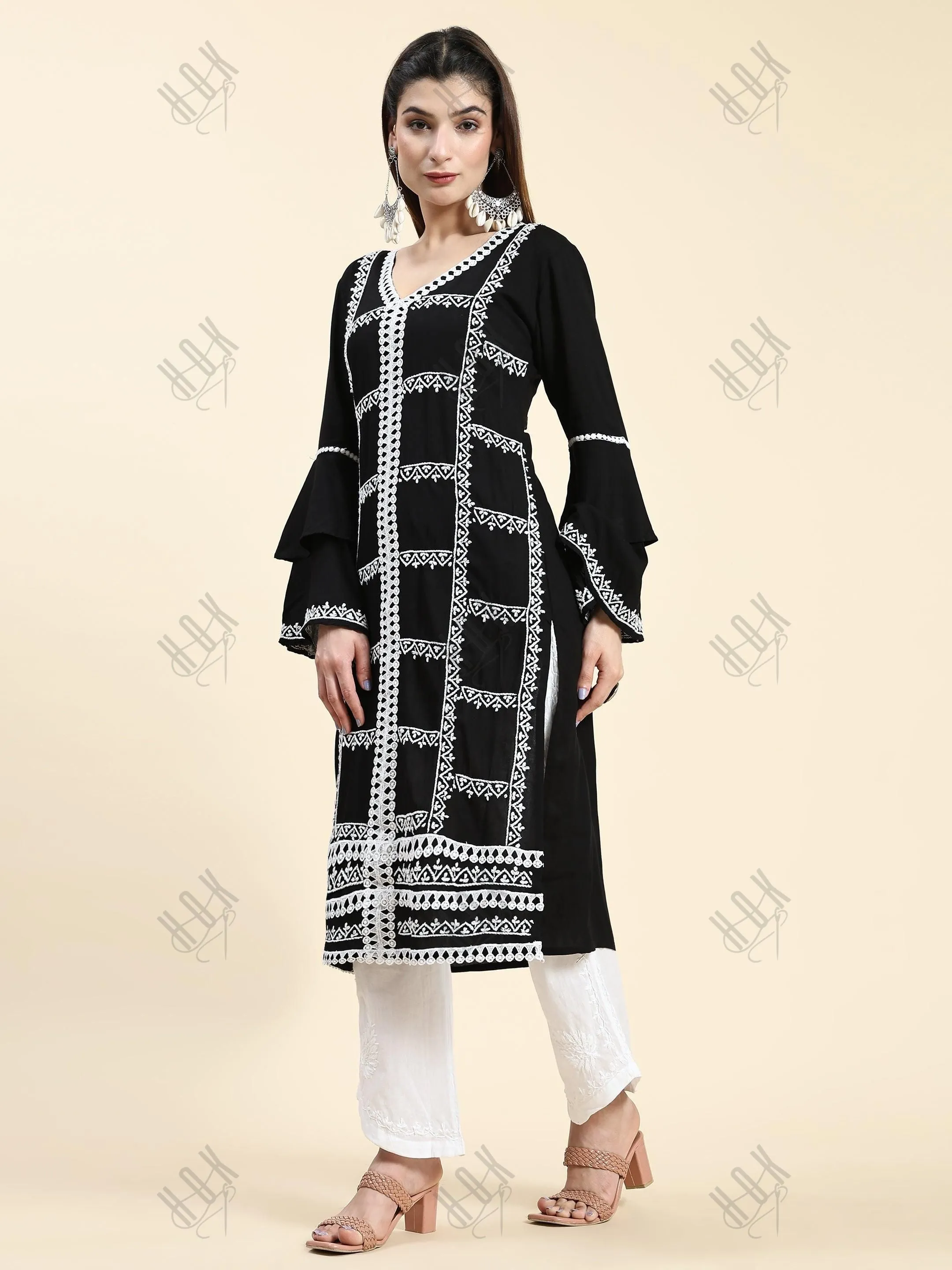 Muskan in Chikankari Long Kurta in Rayon Cotton for Women- Black With White