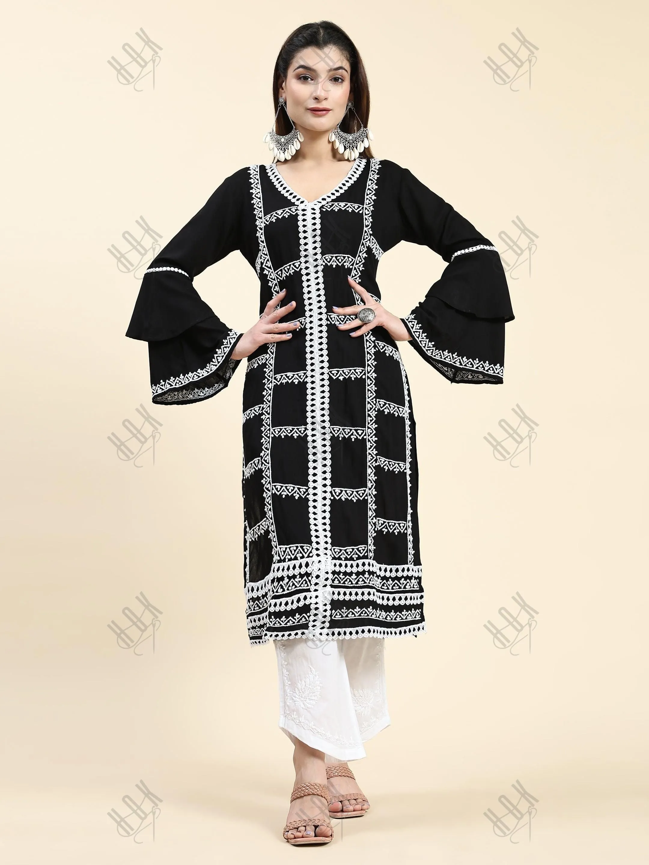 Muskan in Chikankari Long Kurta in Rayon Cotton for Women- Black With White