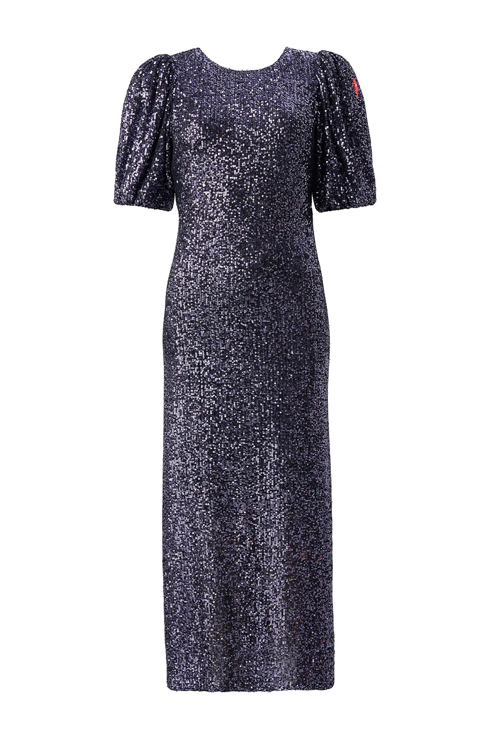 Navy Sequin Puff Sleeve Midi Dress