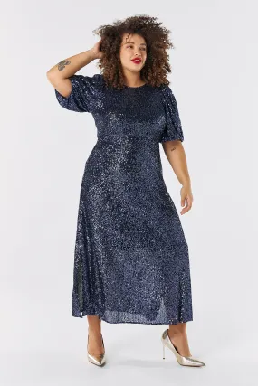 Navy Sequin Puff Sleeve Midi Dress