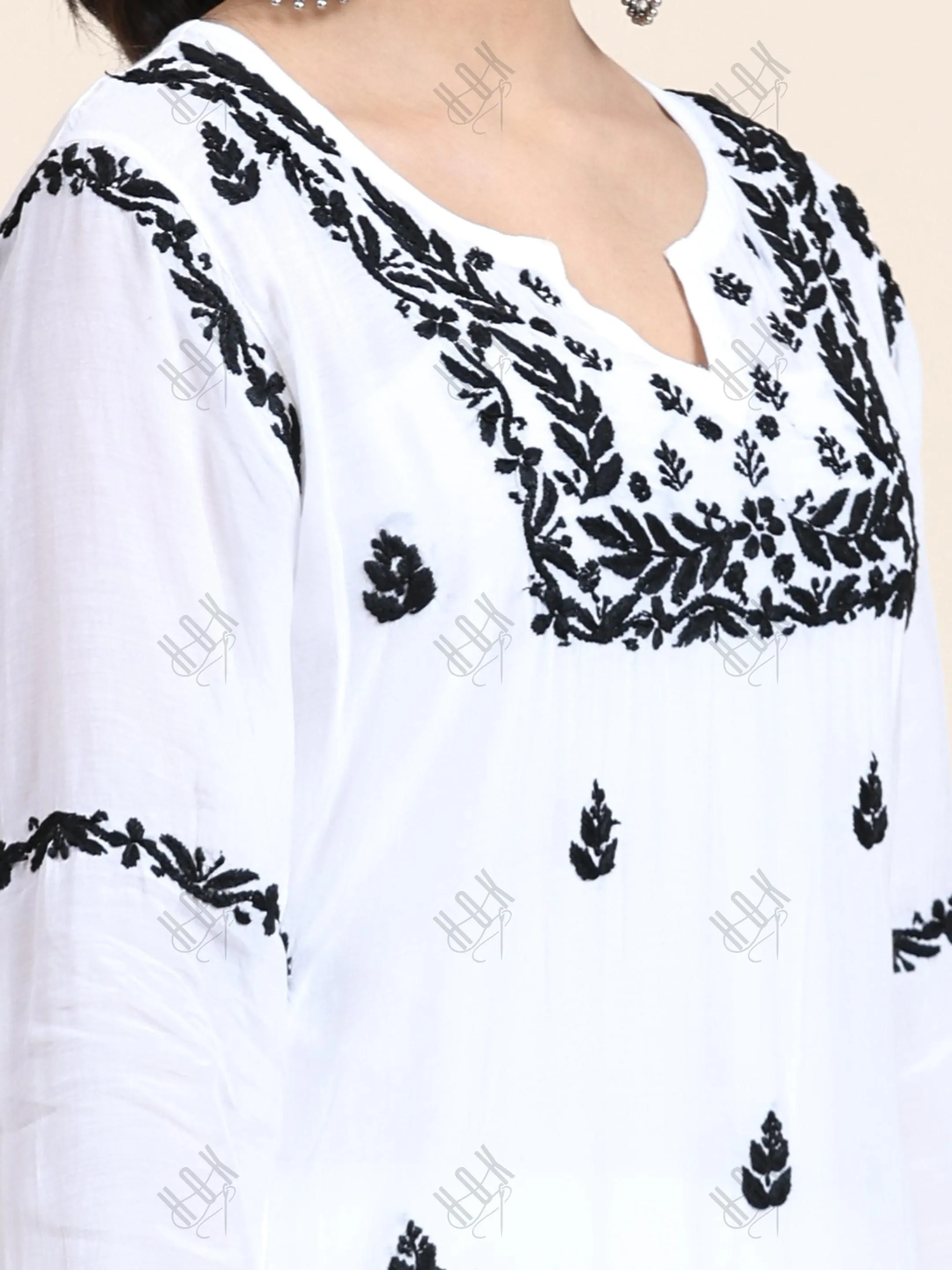 Nishtha in Noor HOK Muslin Chikankari kurti for Women- White With Black