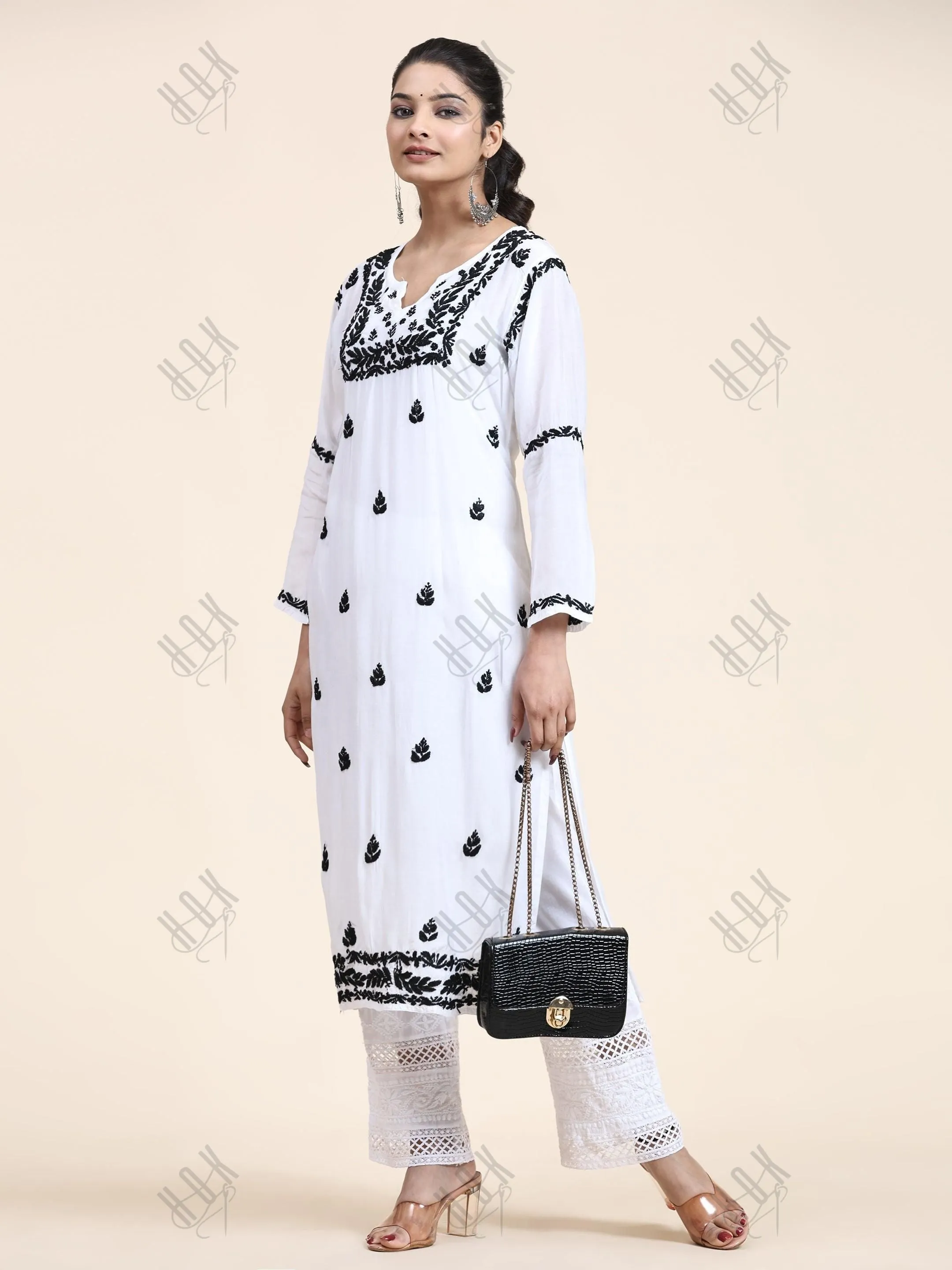 Nishtha in Noor HOK Muslin Chikankari kurti for Women- White With Black