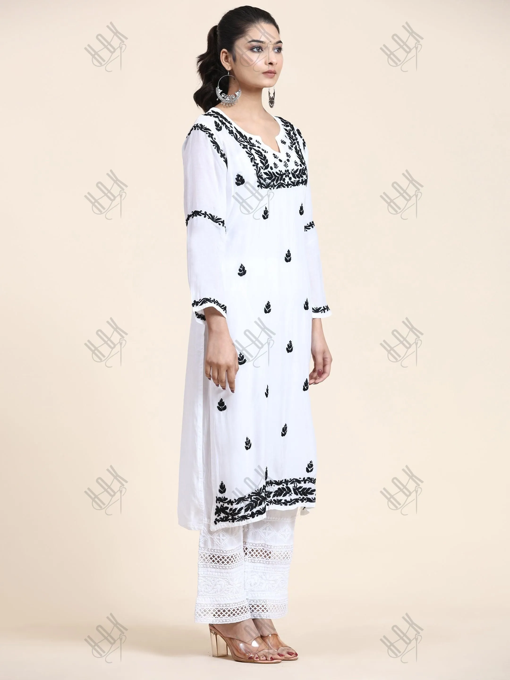 Nishtha in Noor HOK Muslin Chikankari kurti for Women- White With Black