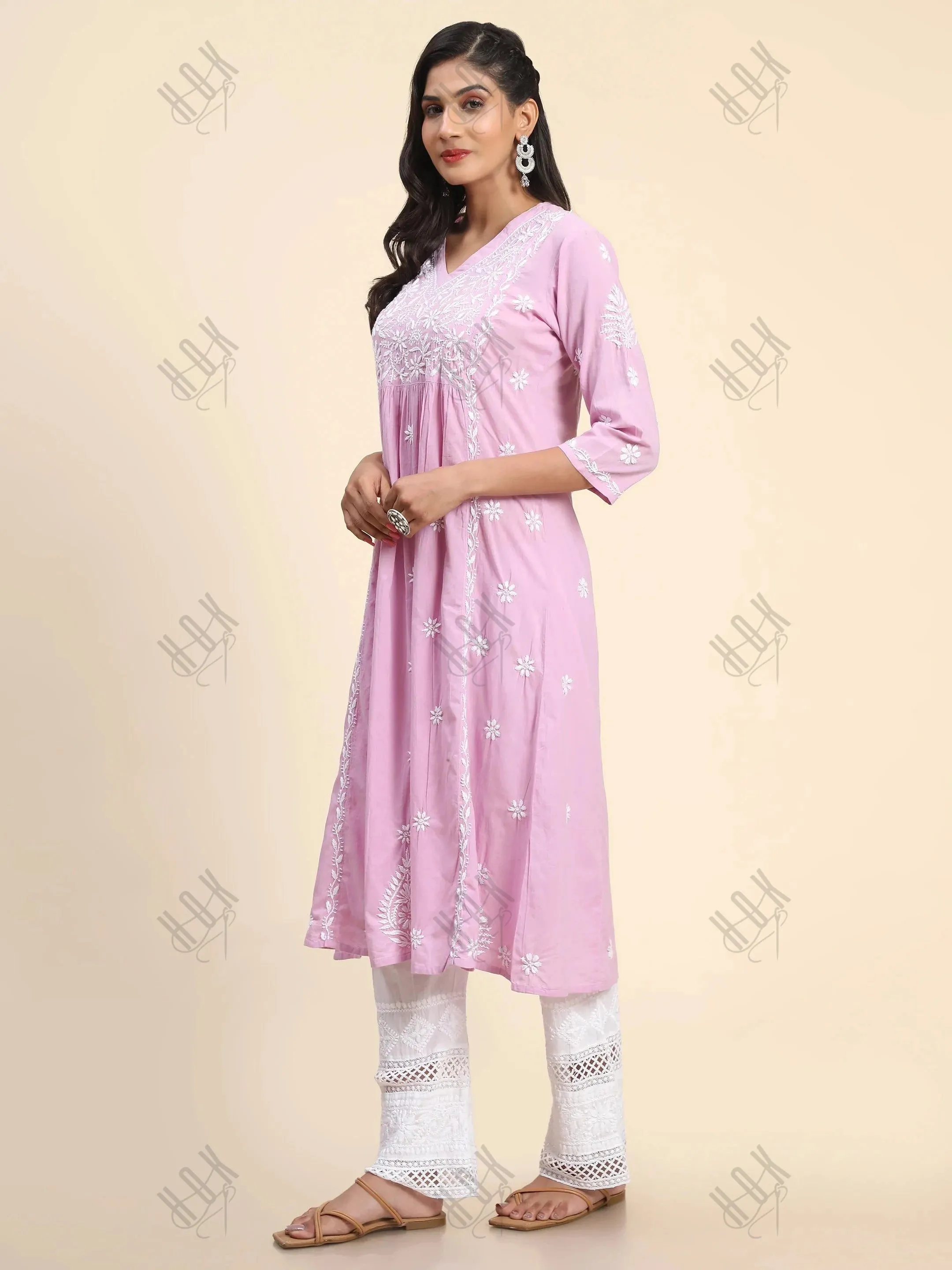 Noor Hand Embroidered Chikankari  Long A-Line Kurti for Women- Lavender