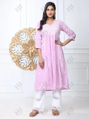 Noor Hand Embroidered Chikankari  Long A-Line Kurti for Women- Lavender