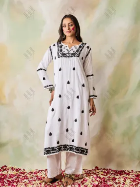 Noor HOK Muslin Chikankari kurti for Women- White With Black