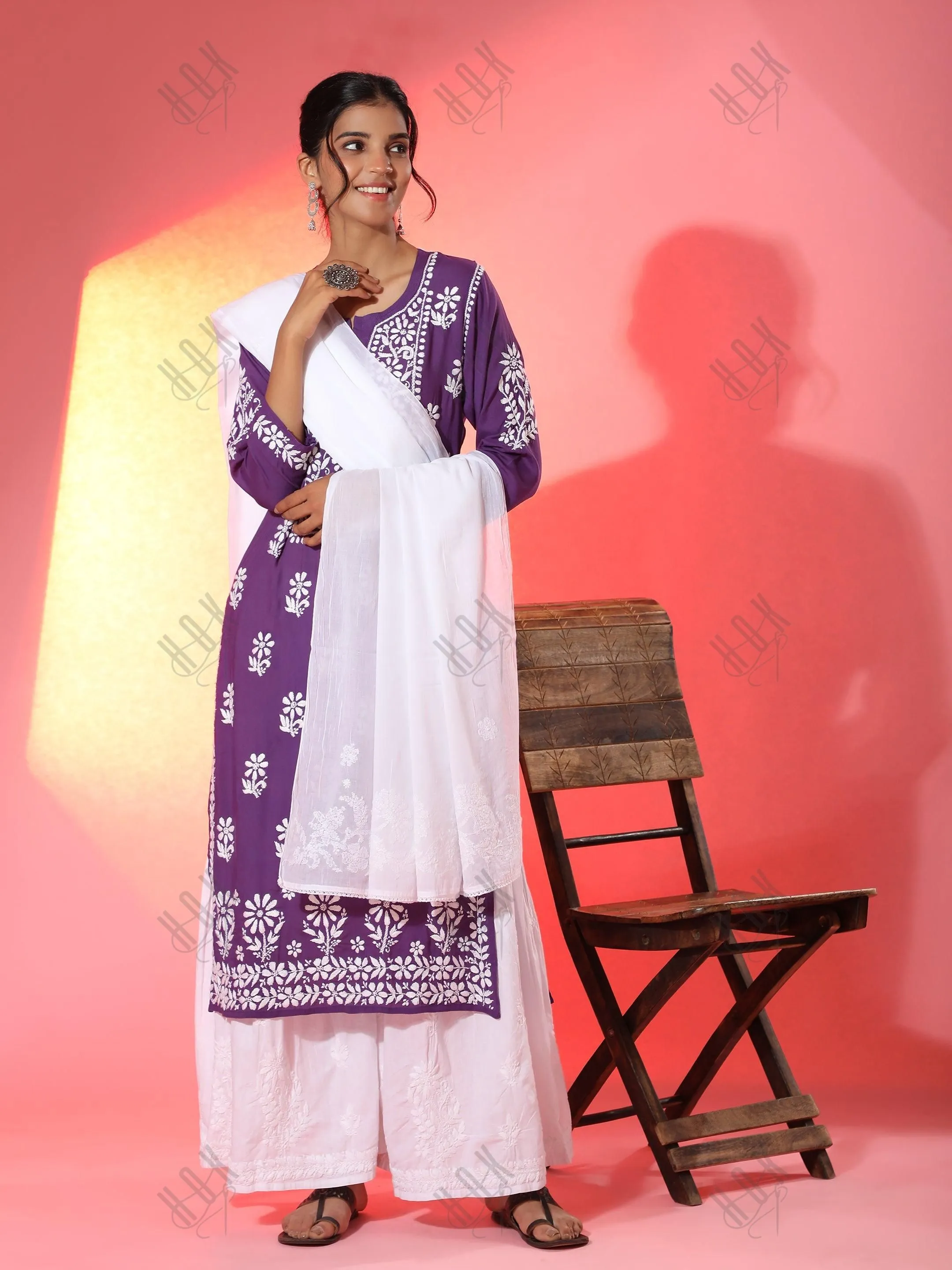 Premium Hand Embroidery Chikankari Kurta Modal Cotton- Purple