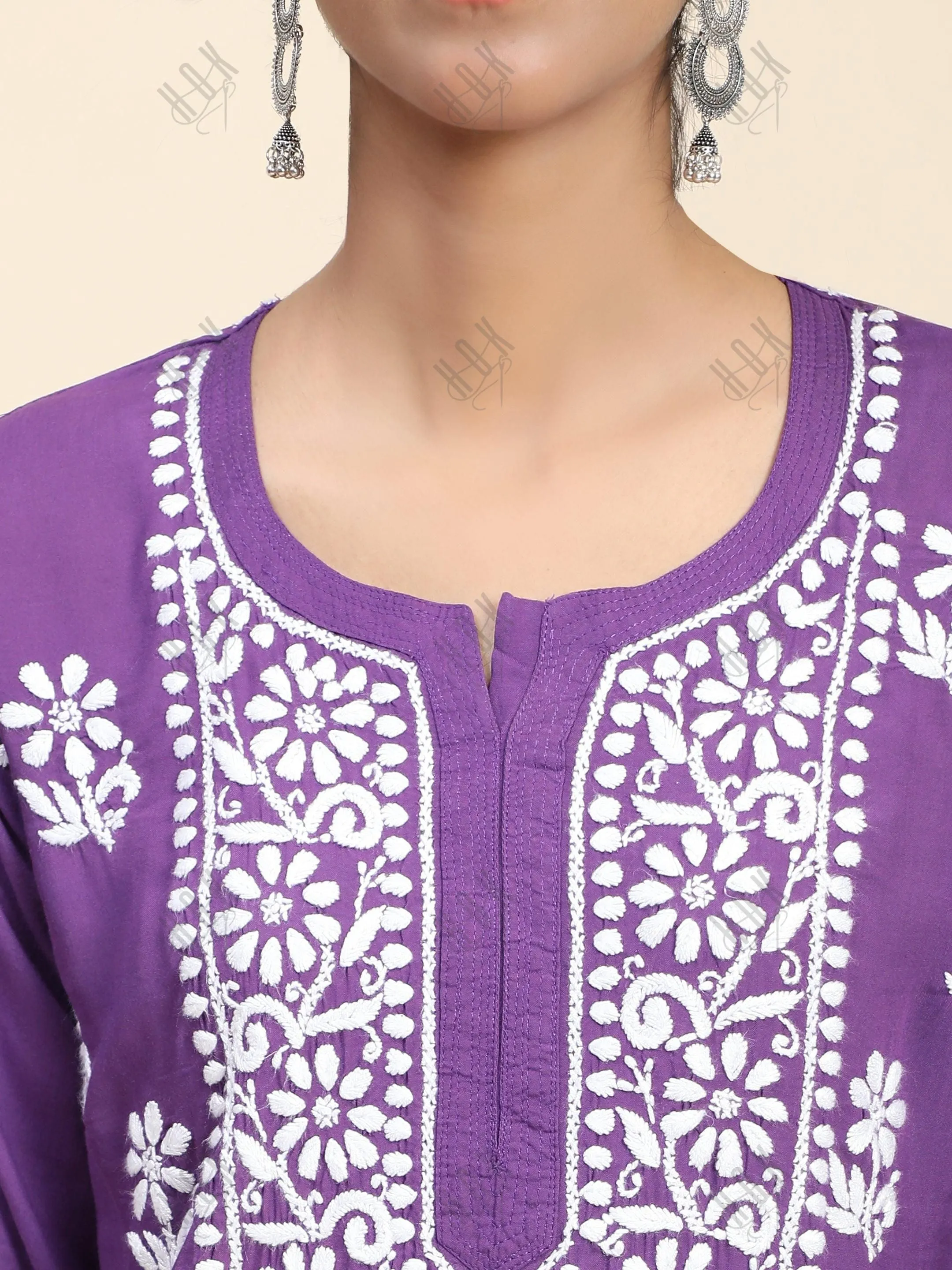 Premium Hand Embroidery Chikankari Kurta Modal Cotton- Purple