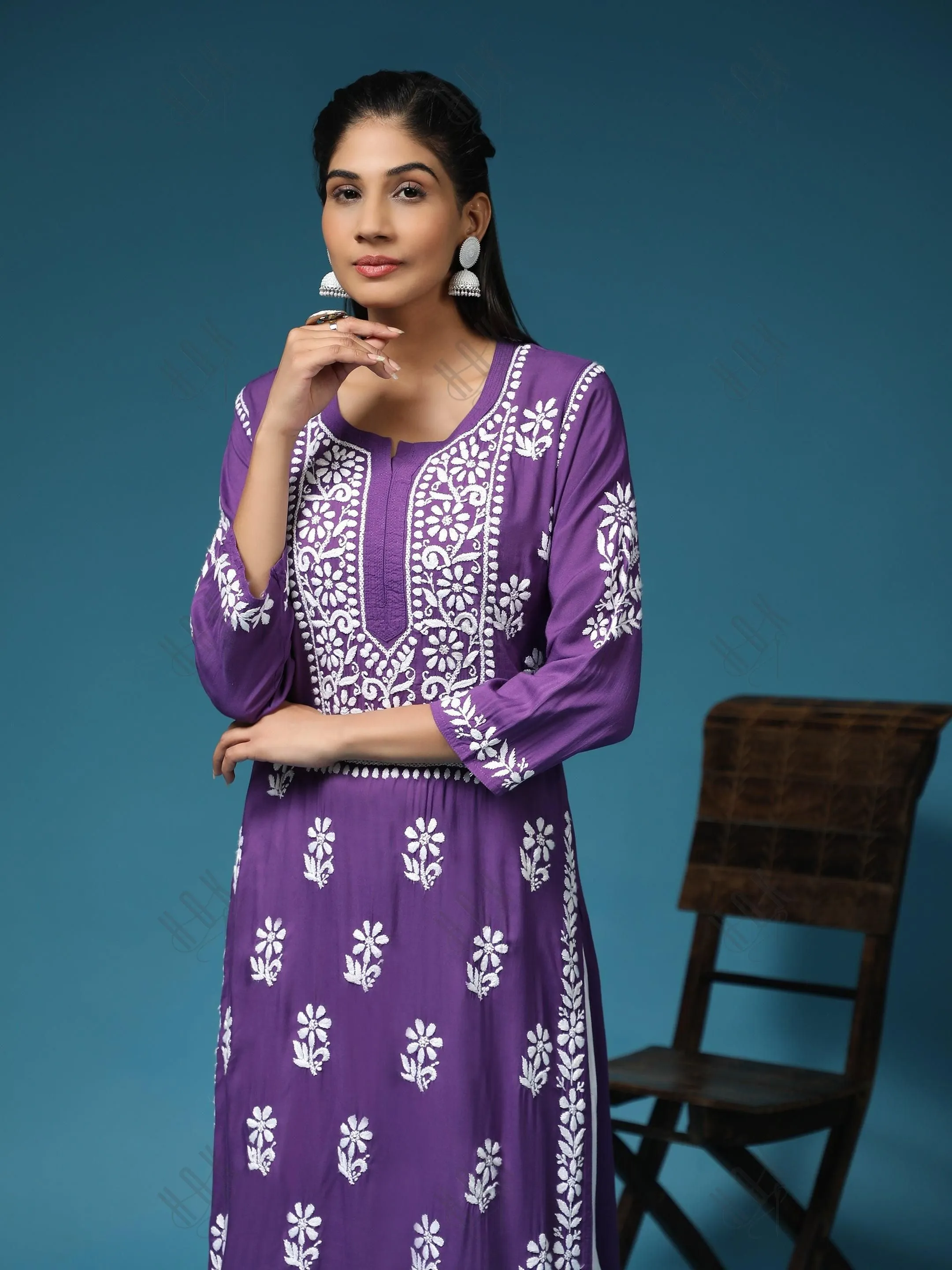 Premium Hand Embroidery Chikankari Kurta Modal Cotton- Purple