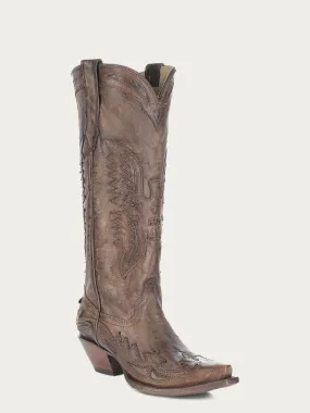 R2295 - WOMEN'S GOAT VINTAGE BROWN EAGLE OVERLAY SNIP TOE COWBOY BOOT