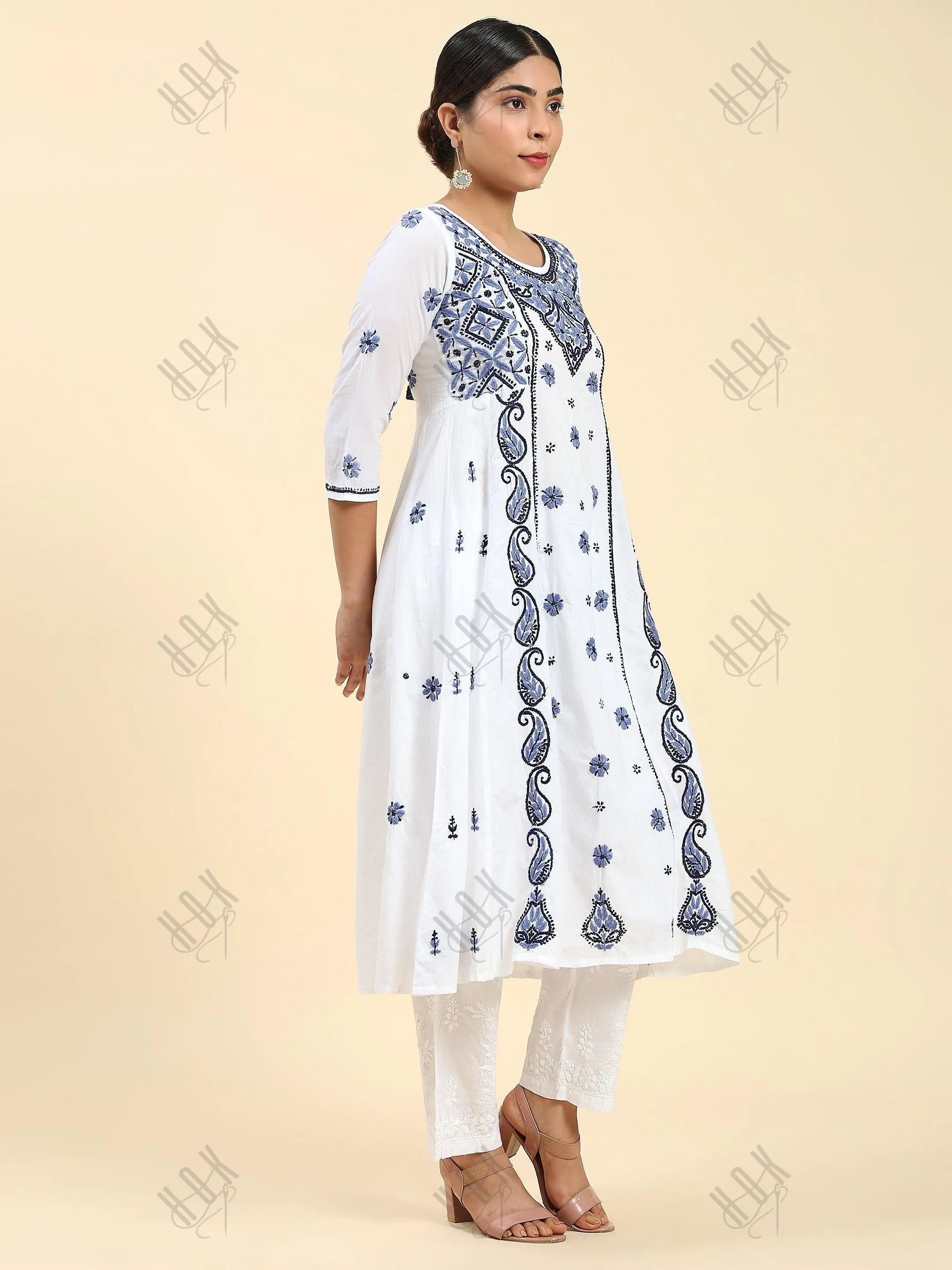 Samma Chikankari Long Kurta in Cotton for Women - White With Blue