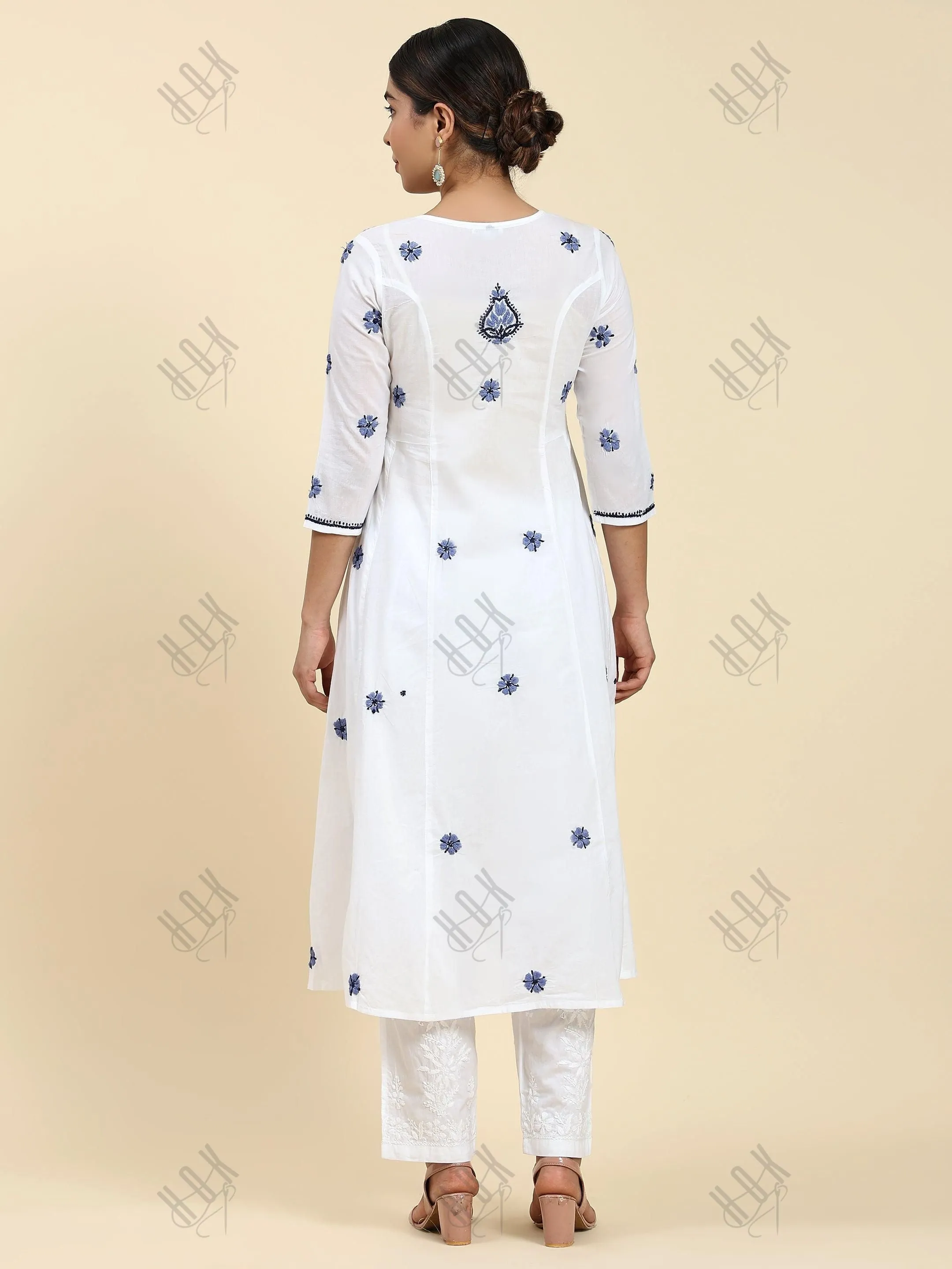 Samma Chikankari Long Kurta in Cotton for Women - White With Blue