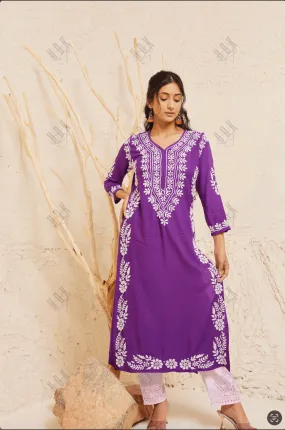 Samma Chikankari Long Kurta in Rayon Cotton for Women- Purple