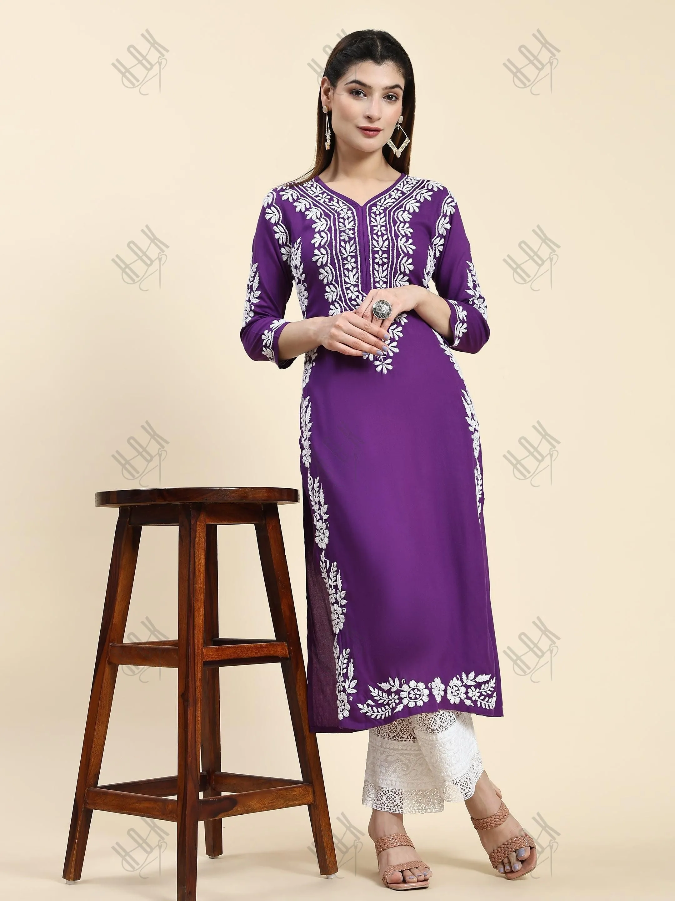 Samma Chikankari Long Kurta in Rayon Cotton for Women- Purple