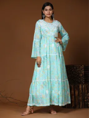 Samma Hand Embroidered Chikankari  Mul Gown for Women- Light Blue