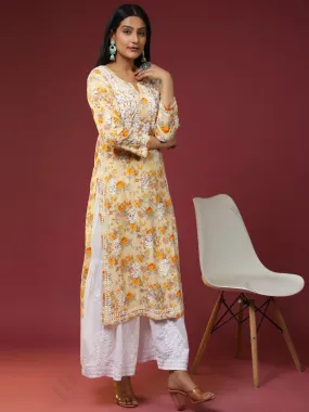 Samma Mul Printed  Hand Embroidery Chikankari Kurta- Yellow