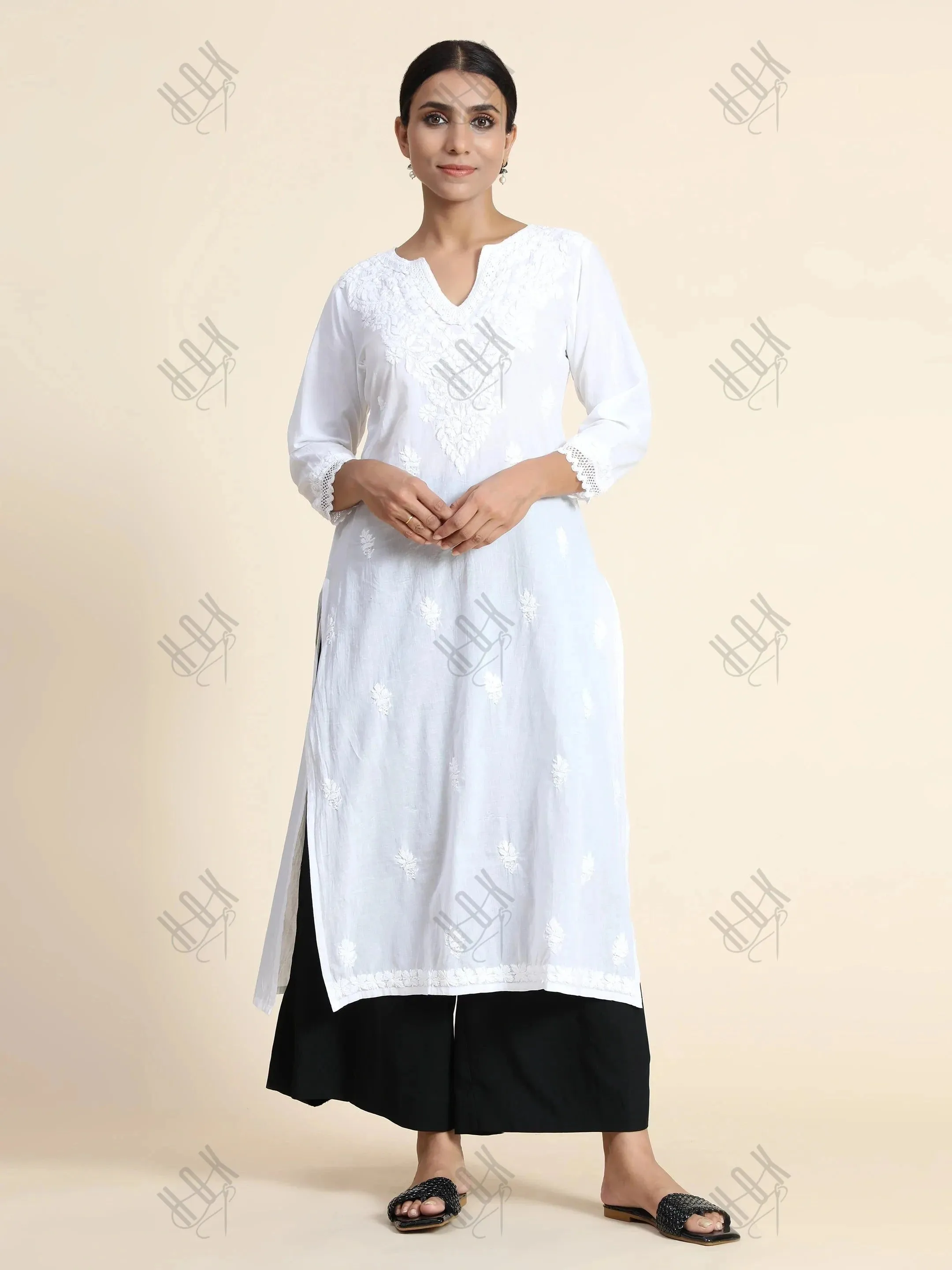 Sharmin in HOK Chikankari Long Kurti for Women in white