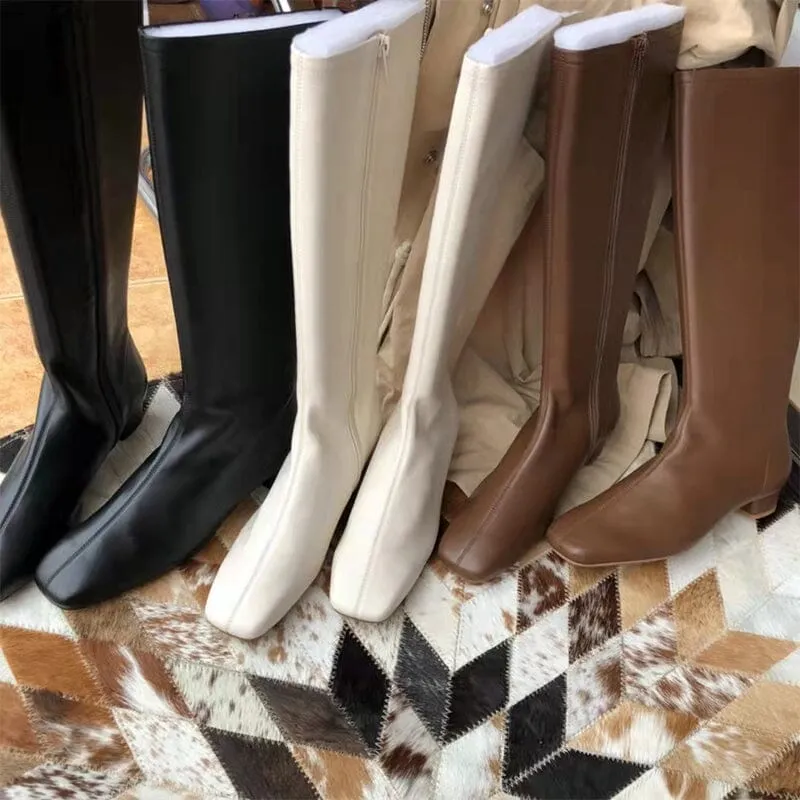 Sheepskin Riding Boots for Women in Black/White/Coffee Leather - Low Heel Tall Boots Slimming Boots