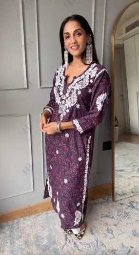 Shrima Rai in HOK Chikankari Fancy Long Kurti Dark Multicolour Print